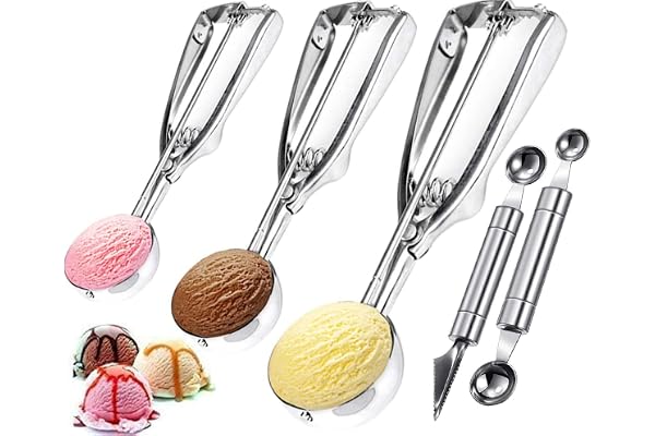 Glassskopa set, 3 storlekar isbollskopa med utlösare för glass, kakor, deg, melon, isbollar, potatismos, köttbullar, frukt, d