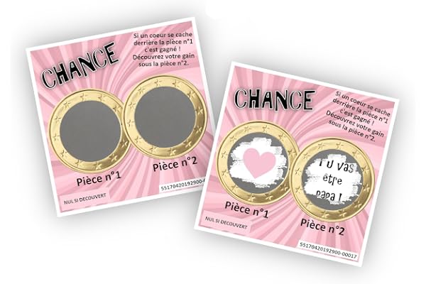 Carte à gratter personnalisable - Message au choix - Annonce originale grossesse ou événement - Modèle ticket de jeu Chance (Rose coeur)