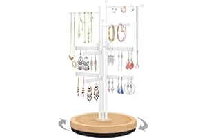 penobon Rotante Porta Gioielli, Espositore Gioielli Regolabile in Altezza con Base in Legno, Organizer Gioielli in Metallo per Riporre Orecchini, Collane, Bracciali, Orologi e Anelli (Bianco)