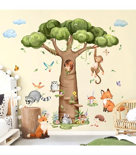 Adesivi Murali Foresta Per Bambini – Animali E Alberi, Impermeabili, 150x130 Cm, Adatti A Pareti, Vetri E Mobili