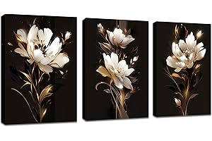 FajerminArt 3 Panels Modern Canvas Wall Art Black Gold Peony Flowers Pictures Painting on Canvas Prints for Living Room Bedroom Office Wall Decoration Ready To Hang Stretched On Frame 30x40cmx3 Pcs