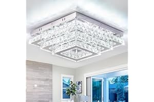 Finktonglan Plafonniers carrés en cristal à LED, 38cm Lustre moderne 3-tiers Flush Mount Plafonnier pour salon salle à manger (6500K blanc froid)