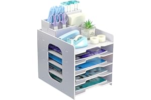 TSDRBWO 5 Niveaux Bac à Courrier Empilable, Corbeille à Courrier, A4 Organisateur de Bureau Bois Plastique, Plateau de Papier Blanc, Banette de Rangement Bureau, Range Document Bureau pour Maison École