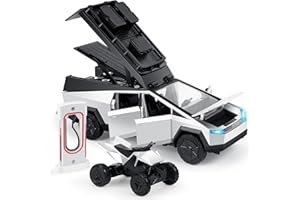MODVKVK Tesla Cybertruck Modellino di Auto 1:24 con Moto e Stazione di Ricarica, Display da Campeggio Multipiano, Macchinine Giocattolo con Luce e Musica, Ottimo per Bambini dai 3 Anni in su (Argento)