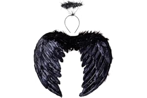 Winwild Ali d'Angelo Nere Ali d'Angelo con Aureola Costume da Angelo di Halloween Ali di Piuma Costume da Angelo Scuro Ali d'Angelo per Bambini con Aureola