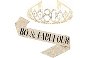 Leixi 80 and Fabulous Sash & Rhinestone Tiara Set - 80th Birthday Sash 80 Birthday Gifts Party Favors (Gold)