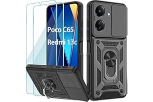 Yohii Funda para Xiaomi Redmi 13C/13 C/Funda Poco c65, con 2 Piezas Vidrio Templado, Armor Carcasa Cubierta De Cámara Deslizante, 360 Anillo Soporte PC y Silicona TPU Bumper Antigolpes Case, Negro