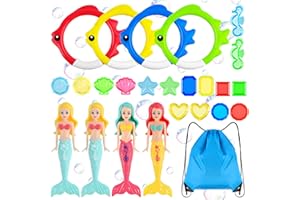 WuGU Zabawka do nurkowania, pierścienie do nurkowania dla dzieci, 24 sztuki, zabawka do nurkowania pod wodą, zabawka basenowa, syrenka z torbą do noszenia, zabawka do pływania dla 4-12 lat