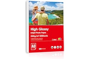 Inkuway A3 Papier Photo Brillant Épais 260g 60 Feuilles Papier Jet d'Encre pour une Impression de Carte, Photos et Projets DIY