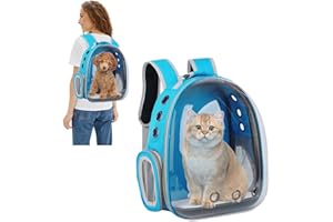 PETCUTE Mochila para Gatos Transparente Portador de Mascotas Mochila con Burbujas Bolsa de Transporte Ventilada PortáTil Diseño de Cápsula Transpirable para Gatos Pequeños Azul