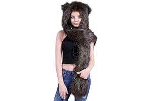 Petalum Damen Winter Warm Mütze Schal Handschuhe Set Kapuzen Handschuhe Warm Kapuzenschal Plüsch Tiere Bär Panda Wolf Paws Ohren Fellmütze