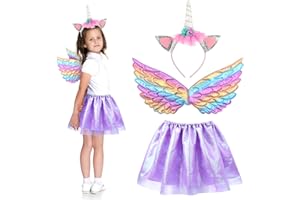 FENNORAL Fennonal 3pz Gonna Unicorno per Bambini Costume Unicorno Bambina Set Cosplay di Unicorno Viola-Cerchietto Tutu Ali-per Carnevale Travestimento Cosplay Festa Regalo Bambine dai 3 4 5 6 7 8 Anni