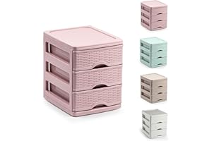 PLASTIFIC 3 Drawers Plastic Desktop Storage Unit with Drawers, Stationary Arts Drawer Desktop Tabletop Organiser Storage Tower Unit for Office Bedroom Garage (17 x 13.5 x 17cm - Rattan Pink)