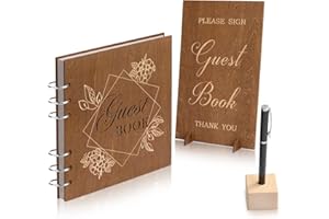 Creawoo Wooden Wedding Guest Book with Table Sign, Pen & Holder, Memory Signature Guestbook with 90 White Pages for Wedding Reception, Anniversary, Birthday Party