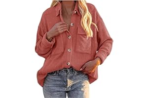 Sisifa Damen Cord Shacket Shirt Button Down Hemd Lässige Langarm Oberteile Einfarbig Oversized BoyfriendJacke Bluse Freizeit Hemdbluse, 5XL