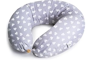 Niimo XXL 2-in-1 Schwangerschaftskissen & Stillkissen - 100% Baumwollbezug mit Faserfüllung, 100% Waschbar, Ergonomisch & Multifunktional, Grau mit weißen Herzen (200 x 70 cm)
