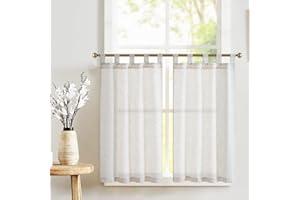 TOPICK Zazdrostki z pętelkami, lniane, bistro, półprzezroczyste, firanki, szale, do kuchni, salonu, wiejskiego domu, 2 sztuki 65 x 60 cm (wys. x szer. x wys.), surowe