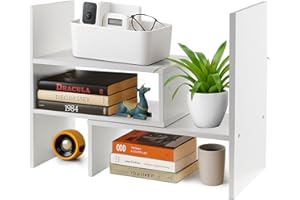 Toemics Adjustable Desktop Bookshelf Expandable Wooden Desk Organiser, Small Desktop Storage Rack for Books, Office Supplies, Space-Saving Bookcase for Home Office (White)