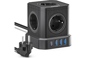 VOOMY Listwa Zasilająca 9 w 1, 4000W - 5 Gniazd, 3 USB, 1 Typ C, Przeciwprzepięciowe, Kabel 2M, Wielokrotne Gniazdo Wtykowe, Kostka Gniazdowa, Kolor Czarny