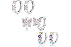JeweBella 3Paar Kleine Creolen Set für Damen Mädchen Ohrringe Blumen Herz Schmetterling Zirkonia Creolen Kinder Ohrringe 925 Silberne Pin Ohrringe Creolen Hypoallergen Schlafen Knorpel Ohrringe