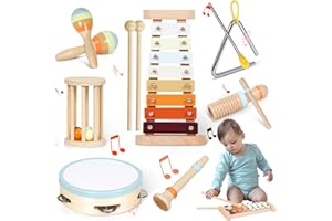 HOBUBU Musical Instruments Kids Toys, Montessori Toys, Wooden Toys for Toddlers, Music Enlightenment Percussion Instruments Set with Maracas Tambourine Xylophone, Sensory Toy for 3 4 5 6 Boys Girls