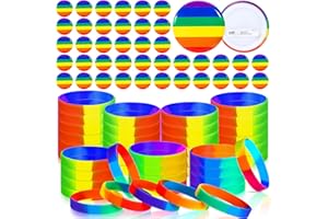 Photect 100 Pcs Gay Pride Wristbands Set Rainbow Silicone Sports Lgbt Rubber Bracelets Accessories and Rainbow Buttons Badges Pin Parade Party Decoration