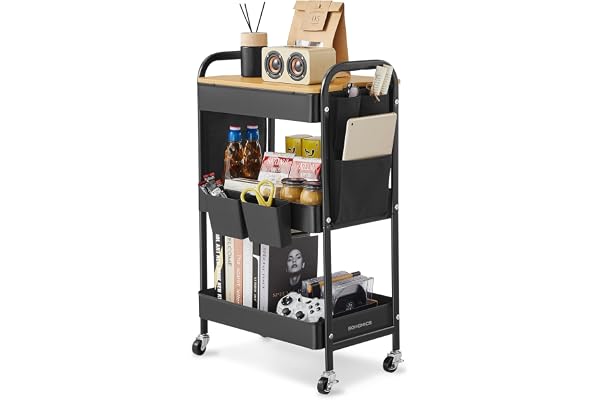SONGMICS Rullvagn, köksvagn, 3 metallgallerhyllor, serveringsvagn, 2 avtagbara hängbehållare, 2 organizer, för kontor, kök, vardagsrum, badrum, bläcksvart LRC036B01