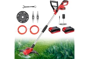 Decespugliatore a Batteria 21V, Bamse Tagliabordi Elettrico Brushless,Tagliabordi a Batteria con 2 Batterie 2,0Ah, 2 Lame, 2 Taglio Linee, Impugnatura Regolabile, Tubo Telescopico, Testa Girevole 90°