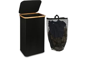 efluky Grand Panier à Linge avec Couvercle, 100L panier linge sale avec Poignées en Bambou pour Vêtements, bac a linge laundry basket XXL Pliable avec Sac Intérieur Noir