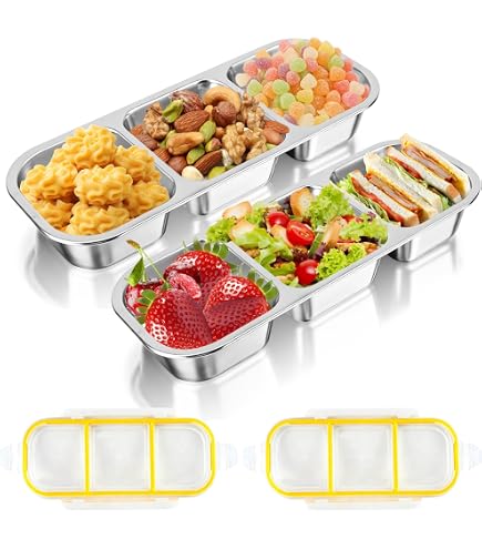 2 Stück Snackbox Aus Edelstahl | 3 & 2 Fächer, Auslaufsicher, 700ml & 600ml, Spülmaschinengeeignet