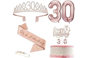 FALAMON 30th Birthday Decorations Gifts for Women, Including 30th Birthday Sash and Rhinestone Crown Tiara, Pearl Pin, Birthday Balloon, Birthday Candle and Cake Toppers Birthday Party Supplies(Rose Gold)