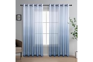 DWCN Blue Gradient Curtains for Living Room Net Curtain Eyelet Voile Curtains 90 Drop Pair Sheer curtains for Bedroom Set of 2, 66 x 90 Inches