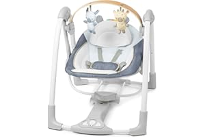 Ingenuity, Altalena portatile Swing 'n Go, arco attività rimovibile in legno resistente, 5 velocità, per bambini da 0 a 9 mesi, fino a 9 kg - Chambray