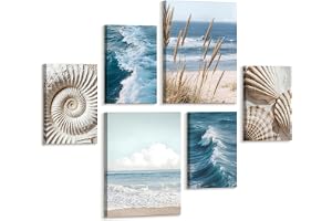 Set med 6 moderna bilder, marinblå, vit, vågor, modern dekoration, med ram, fridfullt strandlandskap och löv, natur, växter