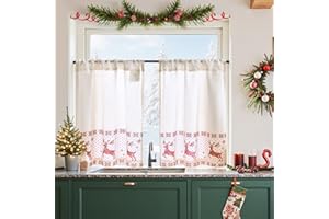 ‎VANGAO Vangao Scheibengardinen Weihnachten Deko küche Nase Christmas Leinenoptik Bistrogardine 2er Set 60Hx65Bcm Weihnachtsgardine mit Stangendurchzug lichtdurchlässig Modern Bedruckt Gardinen Kurz, Rot Weiß