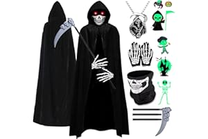 BITOWO Deguisement Faucheuse Enfant Costume Faucheuse Enfant Garcon Fille 5-14 ans Cape Halloween Enfant Masque Squelette Lumineux Faucheuse Halloween Deguisement Accessoire Collier Tete de Mort Tatouages