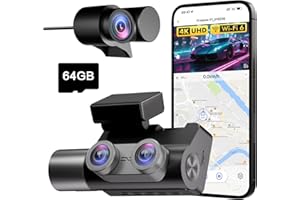 ‎FRVESROE Frvesroe 3-Kanałowa Kamera Samochodowa, 4K UHD Z przodu + Full HD Z tyłu + Wnętrze, Kamera samochodowa z 24-godzinnym trybem parkingowym, WiFi 6 i GPS, Dashcam IPS 3 cale z kartą 64 GB (V1)