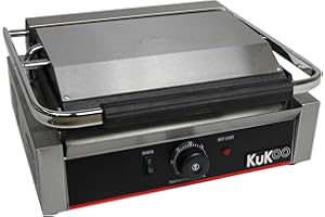 KuKoo - Piastra per Panini Professionale con Griglia Rigata e Liscia, 2200W, 50-300°C, Acciaio Inox e Griglia in Ghisa per Hamburger, Sandwich con Spazzola Gratis