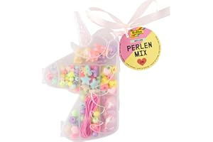folia 32021 - Mezcla de abalorios UNICORN, 170 piezas de diferentes formas y colores, banda elástica de 2 m para enhebrar y caja de almacenamiento