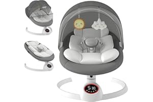 COZYDWELLS Electric Baby Swing Chair from Birth, Bluetooth Bouncer with 5 Swing Speed, 3-Stage Timer and Remote Control, Portable Baby Rocking Rocker Seat Touch Screen Music Speaker Grey