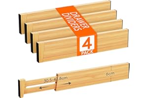 Lifewit Zestaw 4 Bambusowych Regulowanych Przegródek do Szuflad, Wysokość 6 cm i Długość 31-42 cm, Organizer do Szuflad do Kuchni/Szaf na Ubrania/Toaletki
