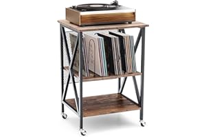 GIANTEX Stolik pomocniczy na kółkach do płyt winylowych, regał na płyty gramofonowe, albumy i książki, styl przemysłowy, regał z 3 wkładanymi półkami, 3 wkładane półki z żelaza w kształcie M, 52 x 45