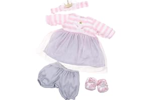 JC Toys- Conjunto Ropa muñeca de 36 hasta 40 cm, Vestido Rosa con Falda de Tul, Pantalones Cortos, Diadema y peucos, Gris, Rosa y Blanco, Outfit Extra, diseñado en España por Berenguer, +2 años