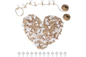 100 Stück Herz Wäscheklammer, BOZILY Mini Holz Wäscheklammern mit 20 Meter Juteschnur und 12 Spurlosen Nägeln, Holzklammern für Fotos DIY Fotowand und Hochzeit Party Dekoration (Weiß)