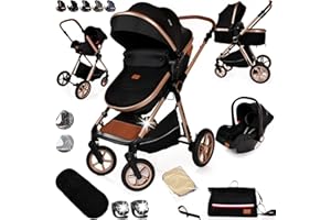 LIBREBON Baby Pram with Car Seat Lightweight Buggy Stroller Foldable Pushchair 3 in1 Baby Travel System Newborn Toddlers (Black - Rose Gold)