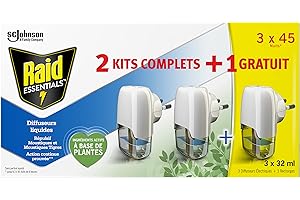 RAID ESSENTIALS DIFFUSEURS ÉLECTRIQUES LIQUIDES RÉPULSIFS MOUSTIQUES, DIFFUSEURS + RECHARGES, 2 + 1, 45 NUITS, 3 X 32 ml