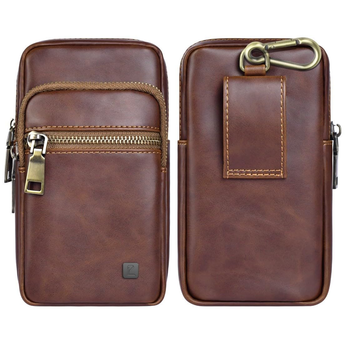 Multi-Function Holster, Leather -Dual Phone Belt Pouch - Carry Two Phones Upto 6.5 inch & Cash, Cards, Keys, Accessories - Phone Pouch Carrying Case for Travel, Hiking & Working - Brown