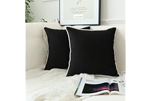 LIGICKY Set of 2 Black Velvet Throw Pillow Covers Modern Minimalist Style Solid Decorative White Rope Edging Soft Square Cushion Cases for Sofa Bedroom Party Décor, 18 x 18 inch
