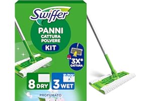 Swiffer Scopa e Lavapavimenti, 1 Manico, 4 Panni Catturapolvere e 2 Panni Lavapavimenti, Cattura Polvere e Sporco, Ottimo per Tutti i Tipi di Pavimenti e per i Peli di Animali