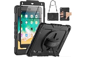SEYMAC Funda para iPad (9,7 Pulgadas, 6ª / 5ª Gen, 2018/2017 Modelo), iPad Air 2 / iPad Pro 9,7 Funda Carcasa Rugosa con Soporte Rotación, Correa Mano/Hombro, Protector de Pantalla, Negro